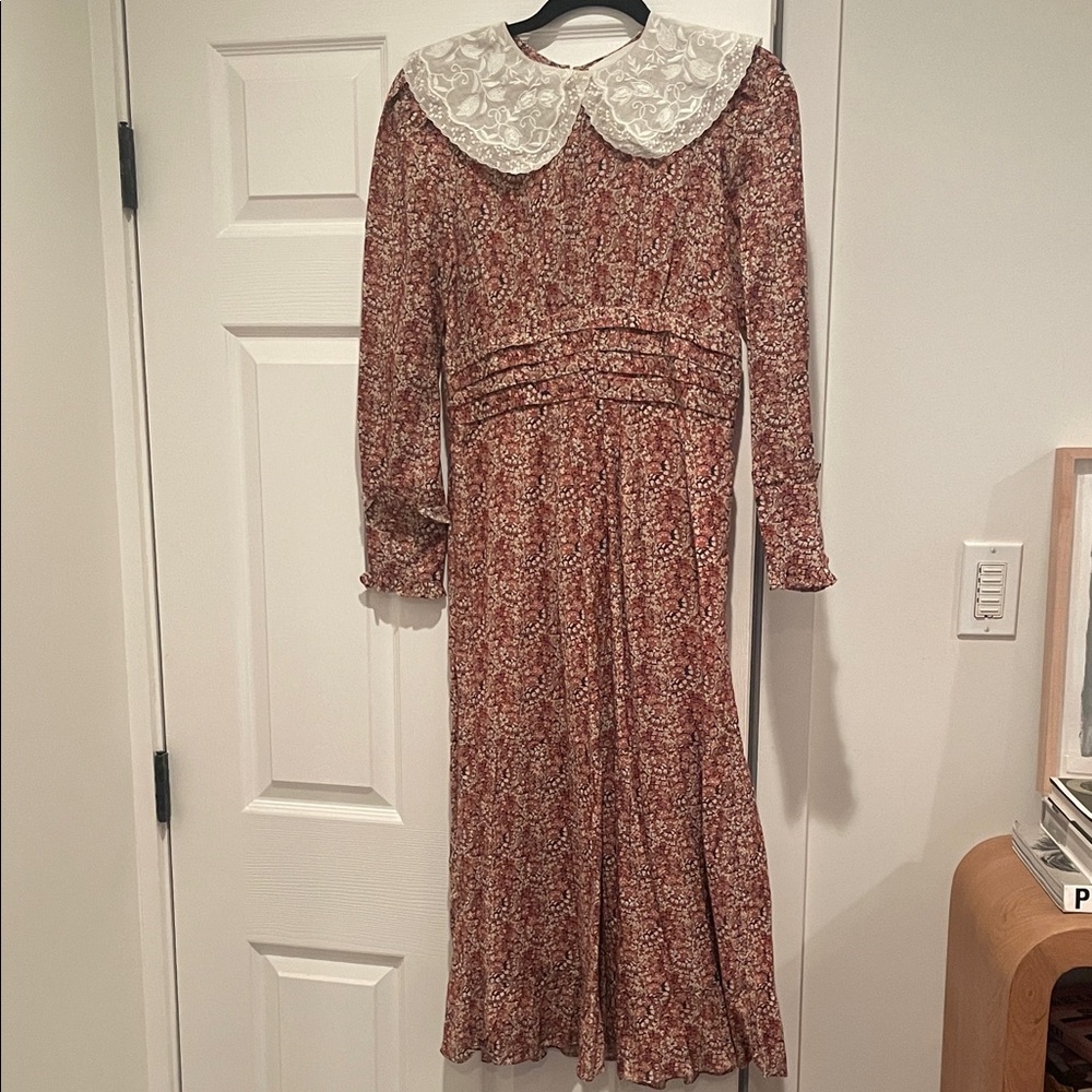 ba&sh Red Floral Long Sleeve Dress with White Lace Collar